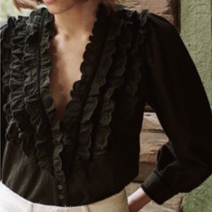 The Great - Black Ruffle Tuxedo Blouse - Size 0